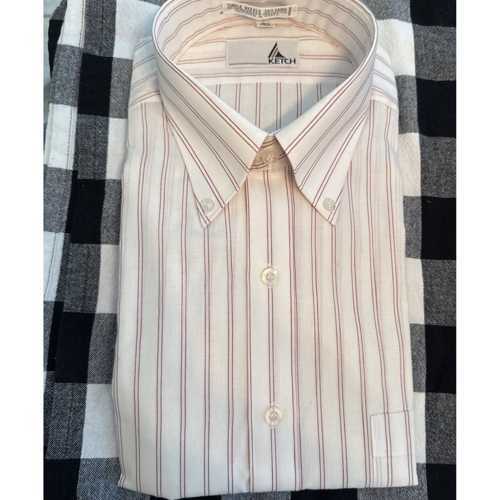 VINTAGE Ketch Dress Shirt 15 1/2‎ 34/35 Stripe White Single Needle Poly Blend